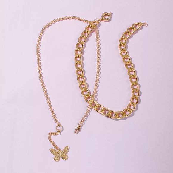 Double Chain Gold Butterfly Necklace Set - Picture 2 of 5